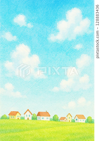 城鎮景觀和草地的垂直背景 128883436