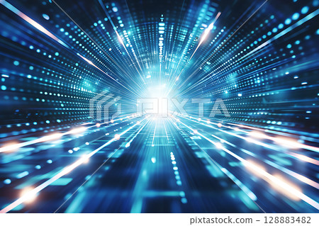 A technology background with a sense of speed, with lines of blue light converging 128883482