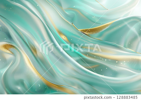 流動的金色和綠色光澤的抽象奢華背景 128883485