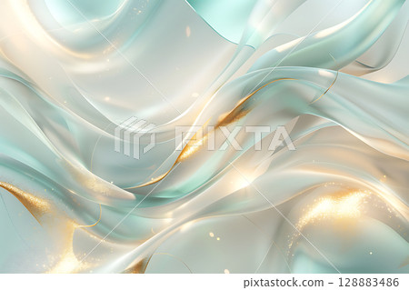 流動的金色和綠色光澤的抽象奢華背景 128883486