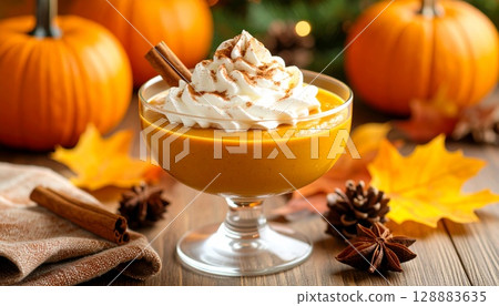 Pumpkin mousse with whipped cream and cinnamon for a fall feel 128883635