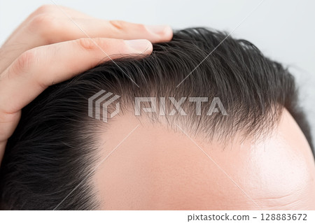 A close-up image of a man's scalp and hairline during hair loss treatment A close-up image of a man's scalp and hairline during hair loss treatment 128883672