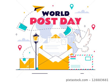 World Post Day Vector Illustration on October 9, Featuring a Red Mailbox Receiving Mail, Letters, and Parcels in a Flat Style Cartoon Background 128883681