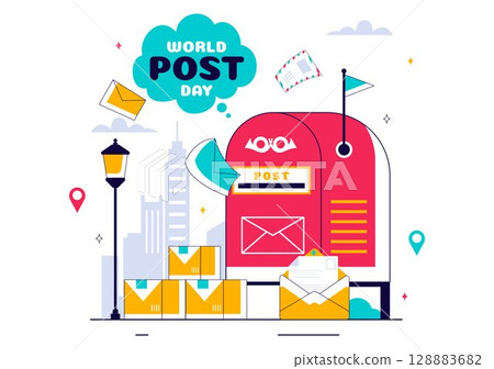 World Post Day Vector Illustration on October 9, Featuring a Red Mailbox Receiving Mail, Letters, and Parcels in a Flat Style Cartoon Background 128883682