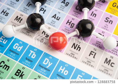 Molecules chemical on a periodic table background. 128883758