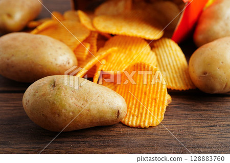 Potato chips , delicious BBQ seasoning spicy for crips, thin slice deep fried snack fast food. 128883760