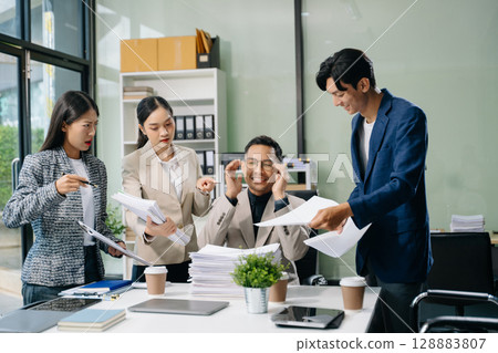 workplace stress and conflict with this intense scene of professionals in a heated office discussion 128883807