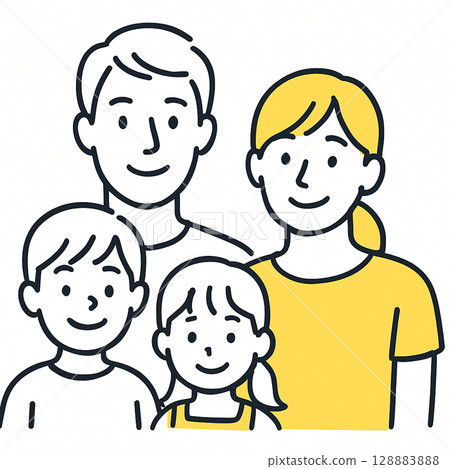 一對年輕夫婦和小學男孩和女孩的上半身插圖 一對年輕夫婦和小學男孩和女孩的上半身插圖 128883888