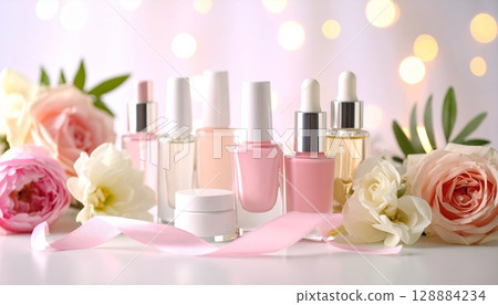 Nail care products and rose decoration background 128884234