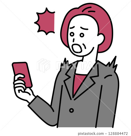 A middle-aged woman in a suit is surprised at the screen of her smartphone 128884472