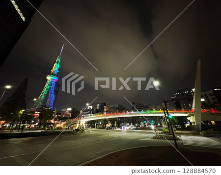 Illuminated Central Bridge and TV Tower 128884570