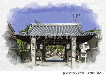 Watercolor painting of Kibitsu Shrine, Shimosuishinmon Gate, Fukuyama City, Hiroshima Prefecture 128884650