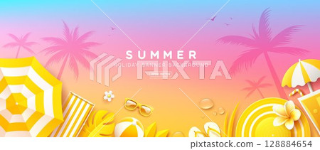 Summer tourism festival banner, yellow and purple tropical holiday concept, purple and yellow background 128884654