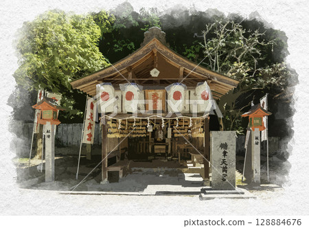 Watercolor painting style Kibitsu Shrine Kibitsu Tenmangu Shrine Fukuyama City Hiroshima Prefecture Watercolor painting style Kibitsu Shrine Kibitsu Tenmangu Shrine Fukuyama City Hiroshima Prefecture 128884676