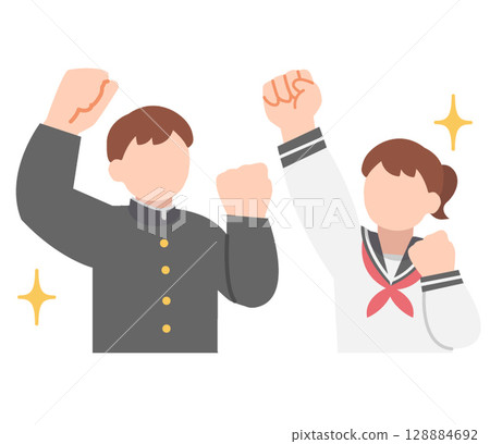 Men and women in school uniforms making a fist pump (upper body) Men and women in school uniforms making a fist pump (upper body) 128884692