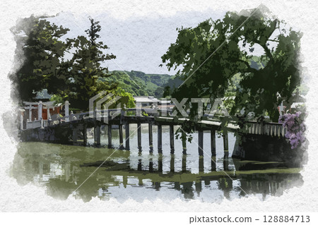 廣島縣福山市大池吉備津神社的水彩畫 廣島縣福山市大池吉備津神社的水彩畫 128884713