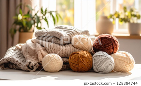 Balls of yarn and knitting items placed on a bright table with natural light 128884744