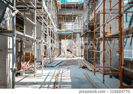 A building under construction with the structure visible and scaffolding in place 128884770