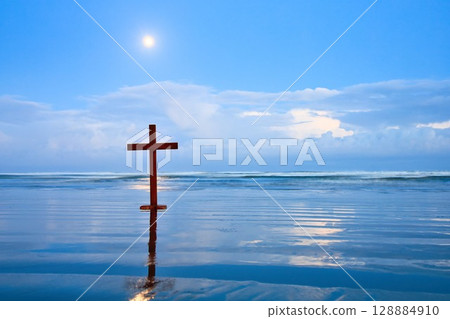 Wooden Cross On Beach Morning Storm Cloud Sky 128884910