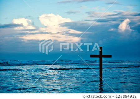 Wooden Cross On Beach Morning Storm Cloud Sky 128884912