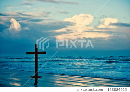 Wooden Cross On Beach Morning Storm Cloud Sky 128884913