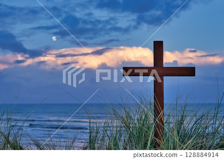 Wooden Cross On Beach Morning Storm Cloud Sky 128884914