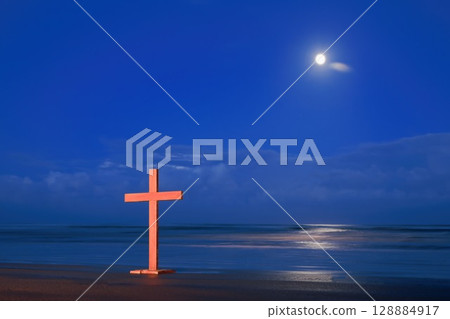 Wooden Cross On Beach Morning Storm Cloud Sky 128884917