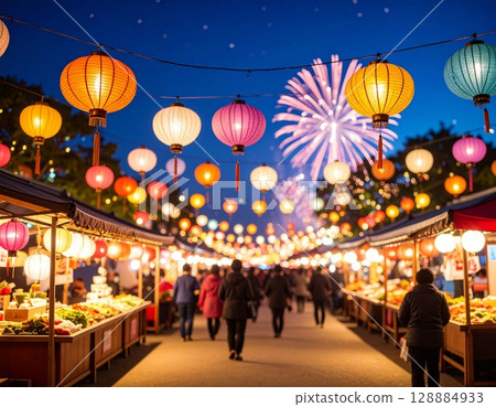 Scenery with lanterns at the Lantern Festival: A lively Japanese summer festival with night lights 128884933