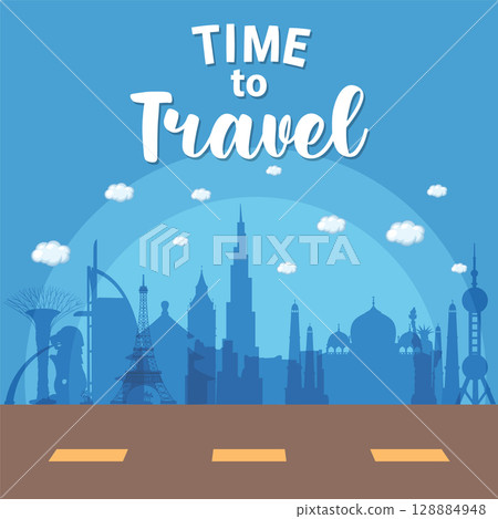 World Landmarks Travel Illustration with Blue Skyline World Landmarks Travel Illustration with Blue Skyline 128884948