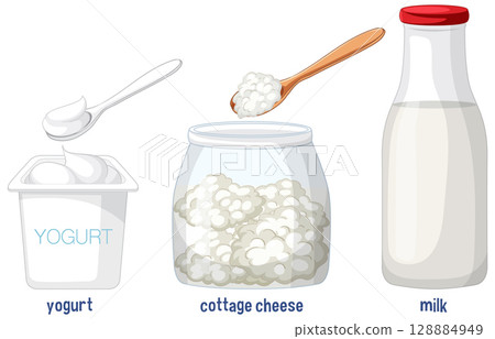 Dairy Products Illustration: Yogurt, Cottage Cheese, and Milk Dairy Products Illustration: Yogurt, Cottage Cheese, and Milk 128884949