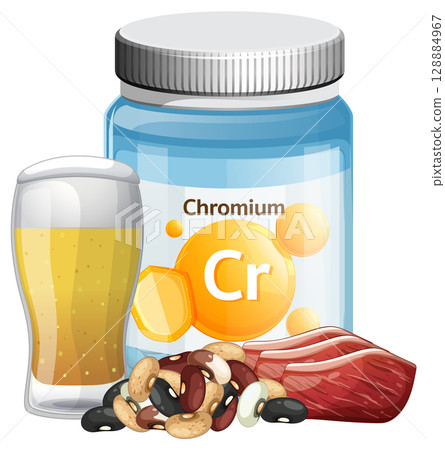 Chromium Supplement Bottle with Food Sources Illustration Chromium Supplement Bottle with Food Sources Illustration 128884967