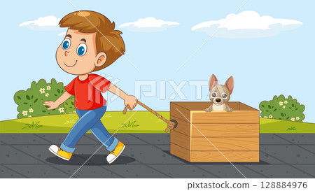 Boy Pulling Wagon with Puppy Illustration 128884976