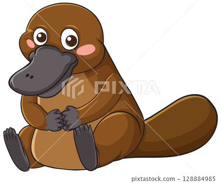 Cute Cartoon Platypus Sitting with Blush Cheeks 128884985