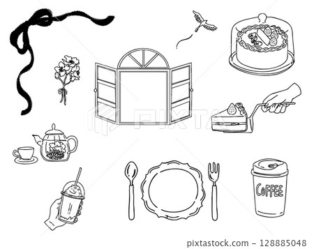 Stylish antique icon set, ribbon, window, handwriting, afternoon tea Stylish antique icon set, ribbon, window, handwriting, afternoon tea 128885048