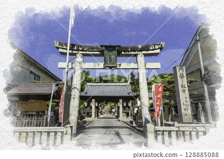 Watercolor painting of Kibitsu Shrine, large torii gate, Fukuyama City, Hiroshima Prefecture 128885088
