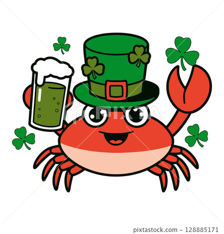 Cartoon Crab with Shamrock Hat and Green Beer Cartoon Crab with Shamrock Hat and Green Beer 128885171