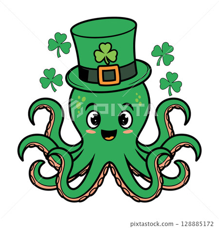 Cute Green Octopus Wearing St. Patrick Day Hat with Shamrocks 128885172