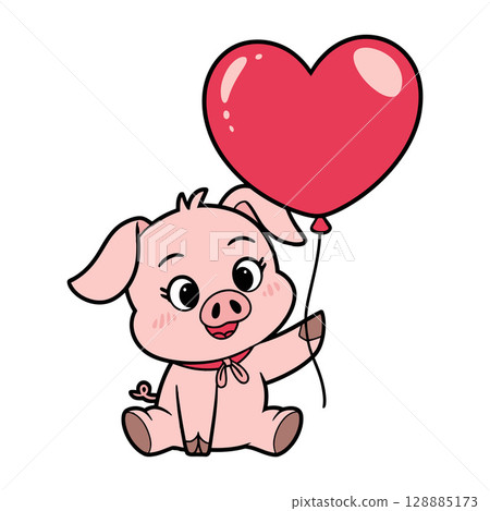 Cute Cartoon Pig Holding Red Heart Balloon 128885173