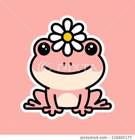Cute Pink Cartoon Frog with Daisy Flower on Head Cute Pink Cartoon Frog with Daisy Flower on Head 128885177