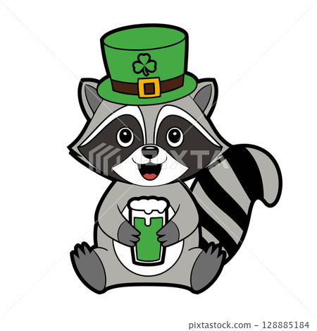 St. Patricks Day Raccoon with Shamrock Hat and Green Drink 128885184