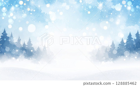 Watercolor winter forest with snowflakes 128885462