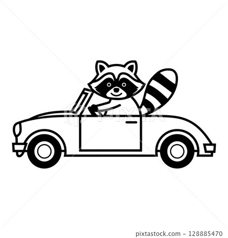 Cartoon Raccoon Driving Car Black and White Line Drawing 128885470