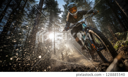 Mountain bike forest action dirt sunlight speed athlete helmet race outdoor adventure Mountain bike forest action dirt sunlight speed athlete helmet race outdoor adventure 128885540
