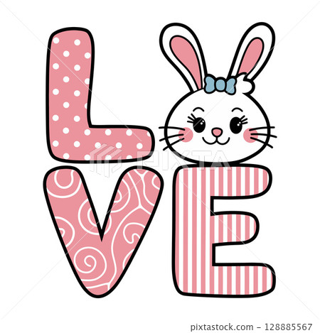 LOVE Bunny Letter Art Illustration with Pink Patterns 128885567