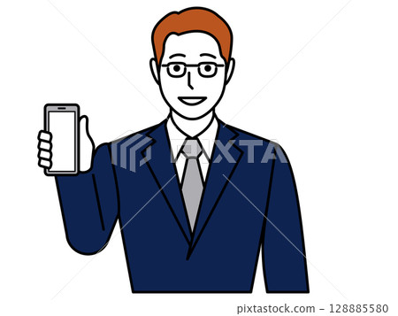 一名身穿海軍藍西裝的男子展示他的智慧型手機螢幕 128885580