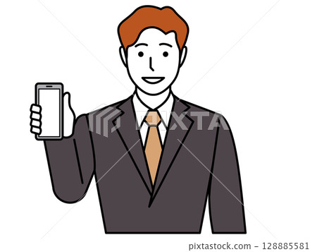 一名身穿炭灰色西裝的男子展示他的智慧型手機螢幕 128885581