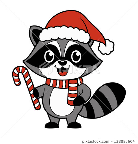 Christmas Raccoon Cartoon with Santa Hat, Scarf, and Candy Cane Christmas Raccoon Cartoon with Santa Hat, Scarf, and Candy Cane 128885604