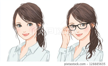 一位身穿白襯衫的亞洲女性正在調整眼鏡,令人耳目一新 一位身穿白襯衫的亞洲女性正在調整眼鏡,令人耳目一新 128885635