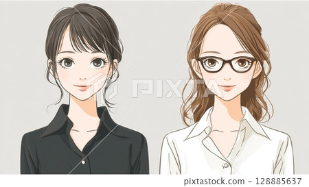 兩位身穿黑白襯衫、面帶笑容、面容清秀的女士並肩站在一起的肖像 128885637