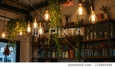 Cozy Cafe Interior with Hanging Lights and Green Plants 128885686